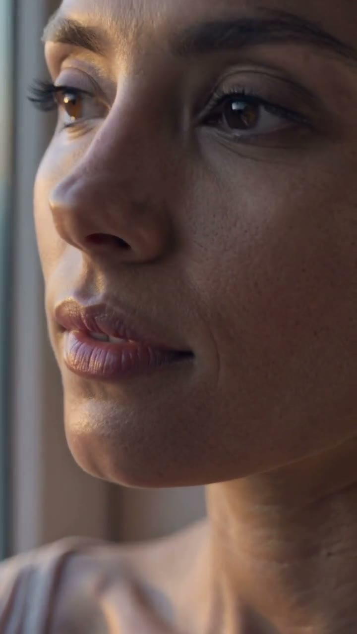 Close-up of a woman's face in soft window light