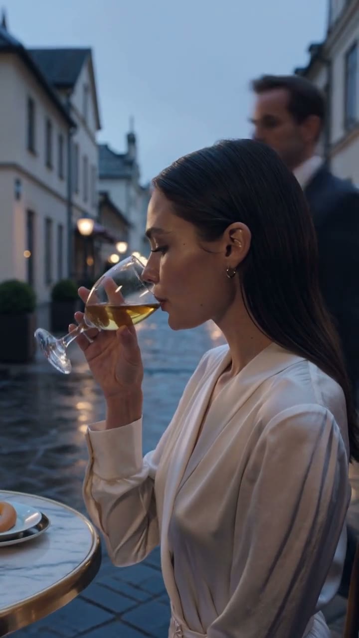 A woman with a glass of wine on a street at blue hour