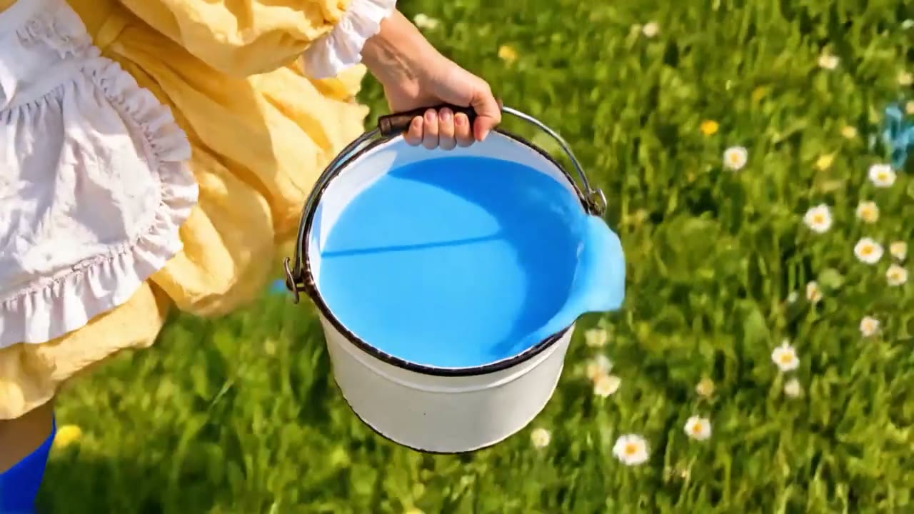 A bucket of blue milk in a green field, from the film the cow