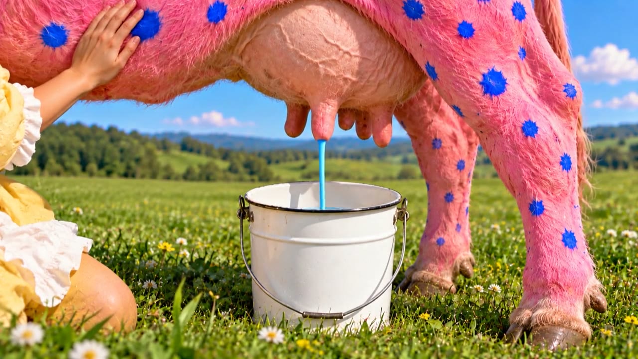 A pink cow with cobalt spots in a green field