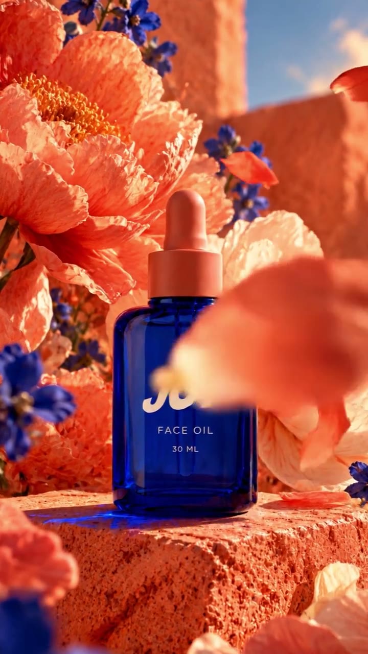 A cobalt bottle of face oil among coral flowers